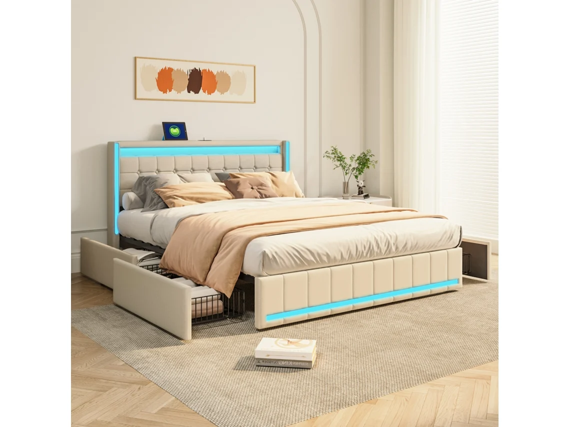 Cama Estofada com Arrumação e Iluminação Led, 4 Gavetas em Ferro, Porta Usb, Tecido em Linho, Bege (180x200 cm)