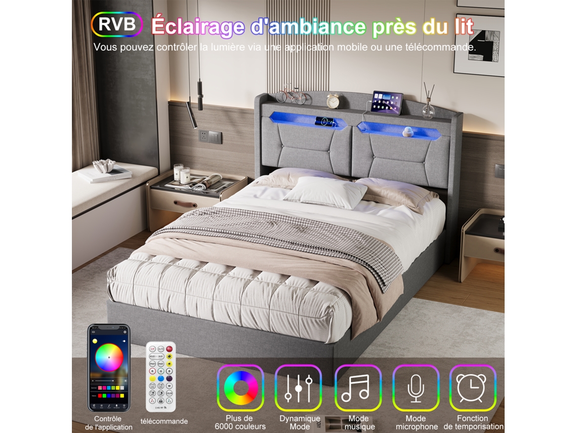 Cama De Casal 140x190 Com Cabeceira, Espaço De Arrumação, Porta Usb, Cama Com Baú, Cama Juvenil, Cama De Adulto, Cinza, Linho, Sem Colchão Rosahqnda