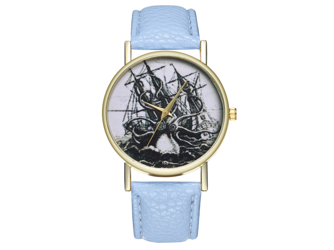Relógio de pulso masculino vintage simples e moderno com mecanismo de quartzo, pulseira de couro PU azul claro T63-a