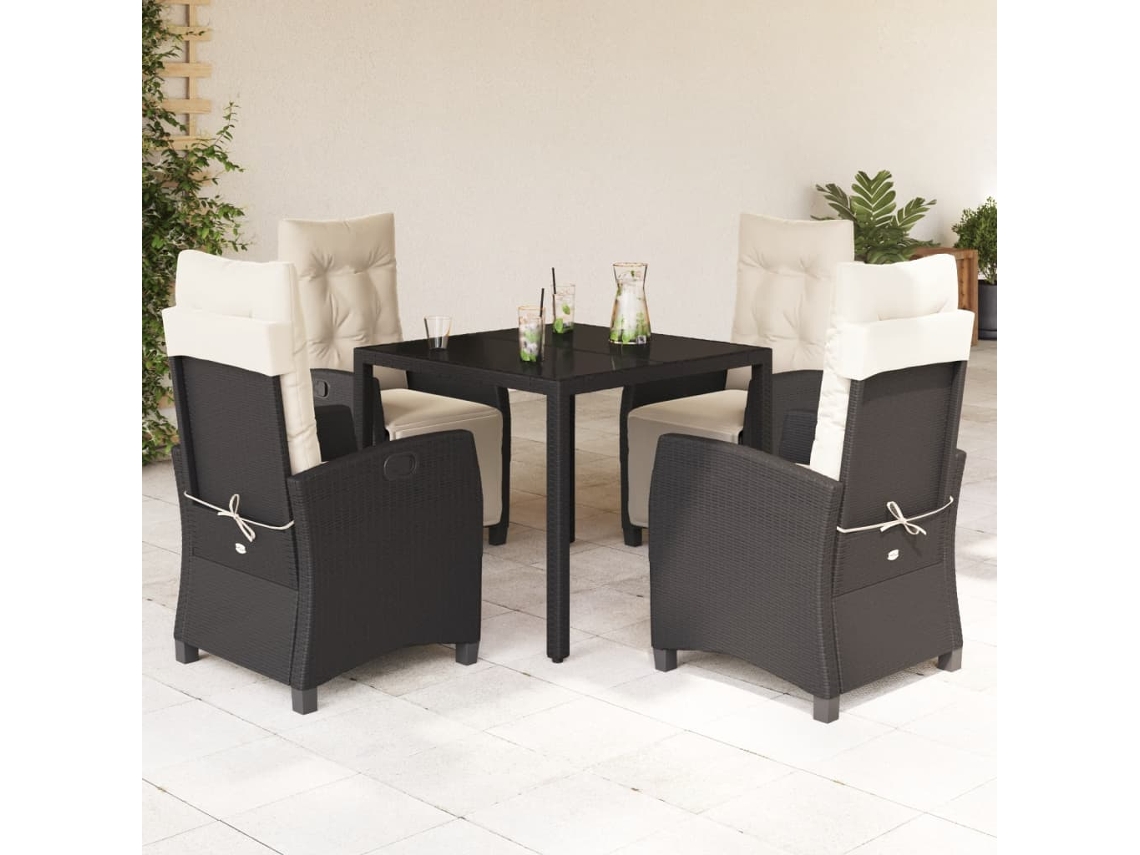 Vidaxl 5 Pcs Conjunto De Jantar P/ Jardim C/ Almofadões Vime Pe Preto