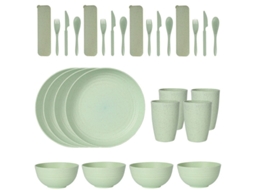 Conjunto de Talheres de Plástico com 24 Peças, Incluindo Pratos, Copos, Colheres e Facas. MDUG (verde)