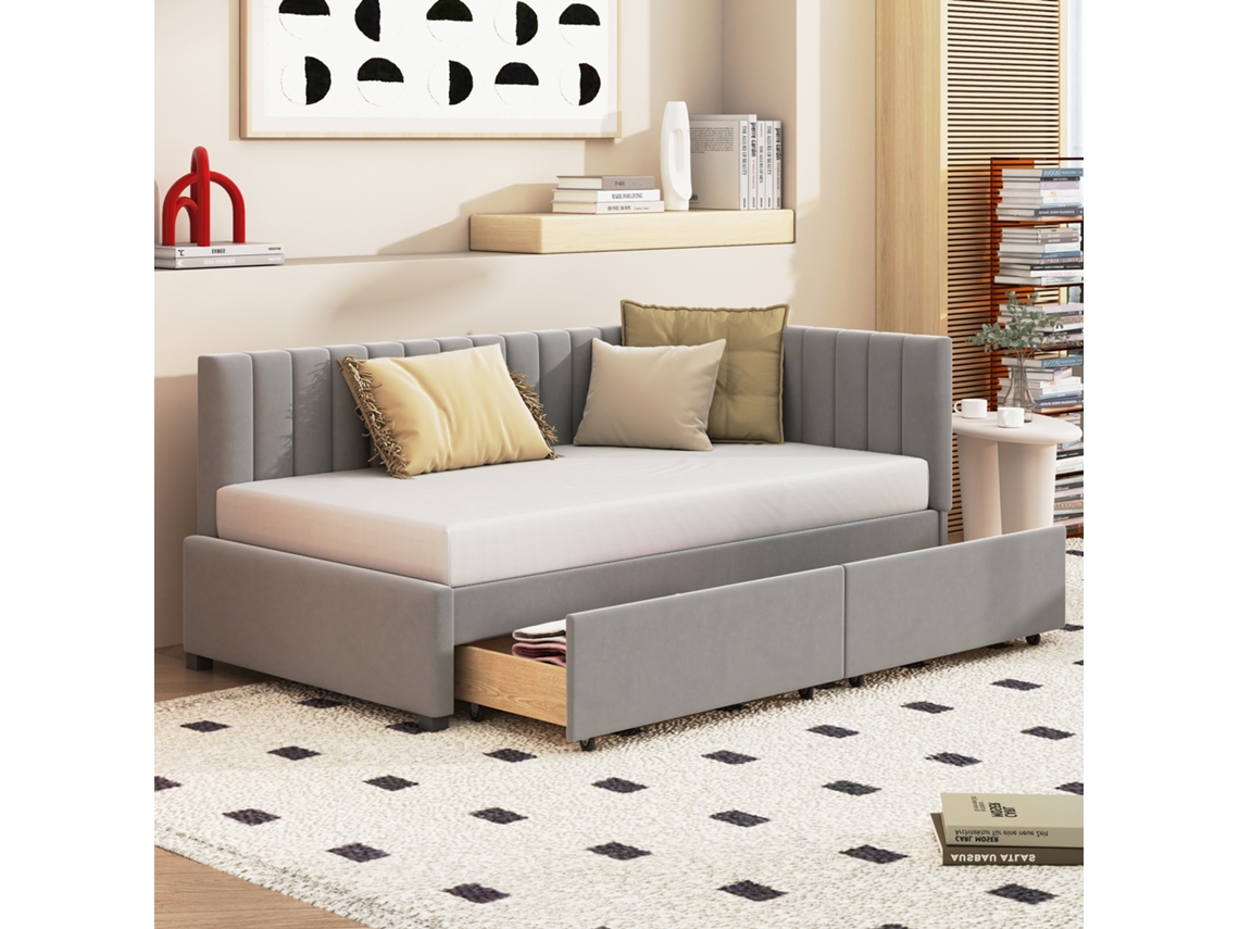Sofá Cama Polsterbett 90x200 Cinza 2 Gavetas Base Lamelas
