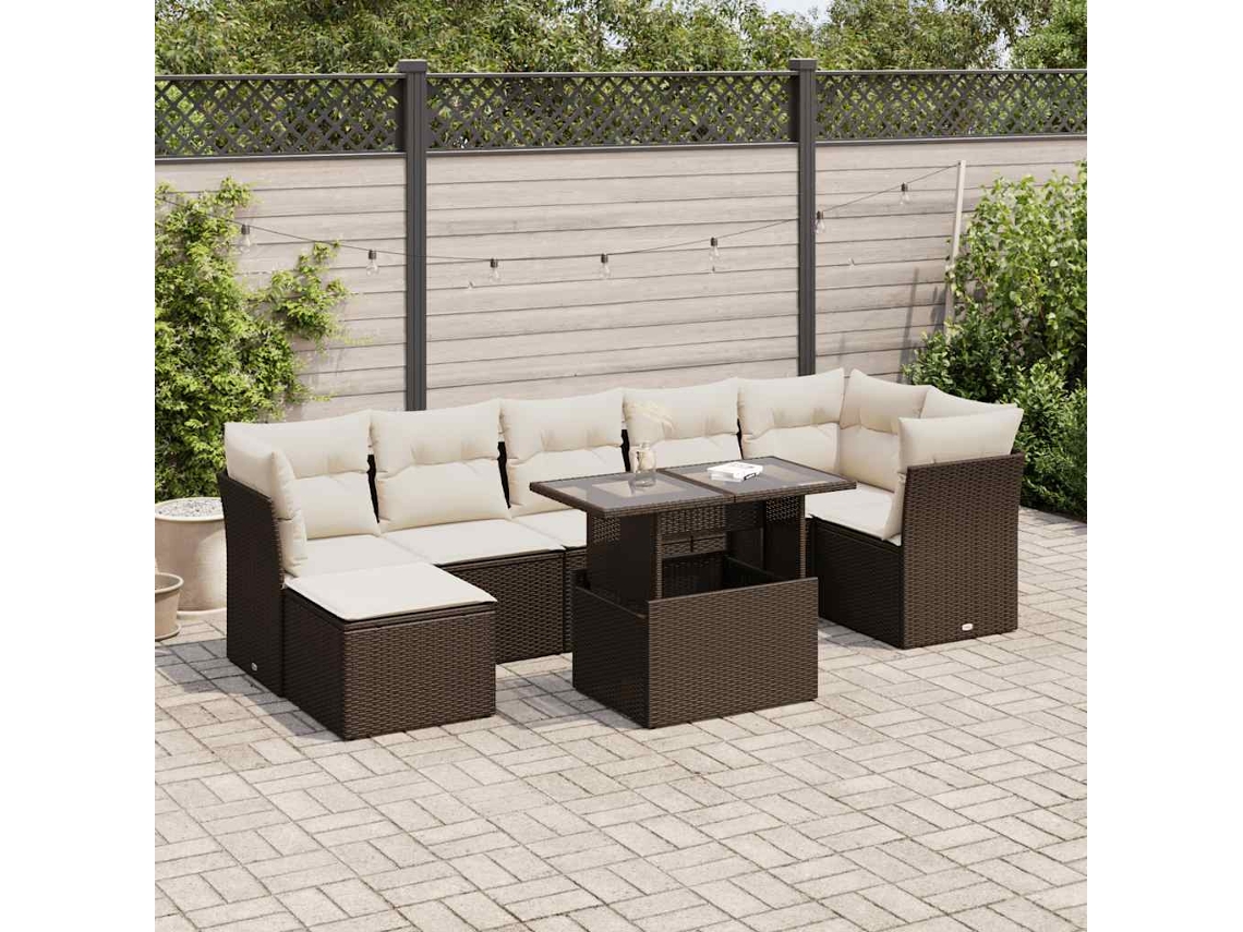 Vidaxl 8 Pcs Conjunto Sofás De Jardim C/ Almofadões Vime Pe Castanho