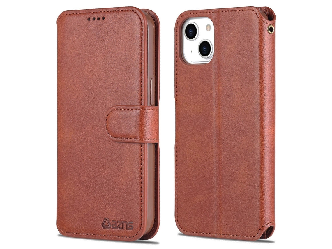 Capa De Celular Flip De Couro Com Textura De Bezerro Para Iphone 14 Plus, Marrom