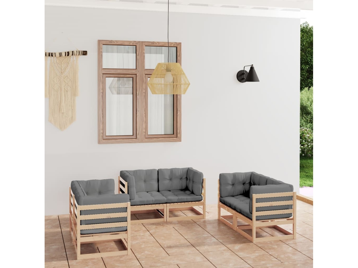 Conjunto Lounge De Jardim 6 Peças Com Almofadas Pinho Maciço Dkd Home Decor