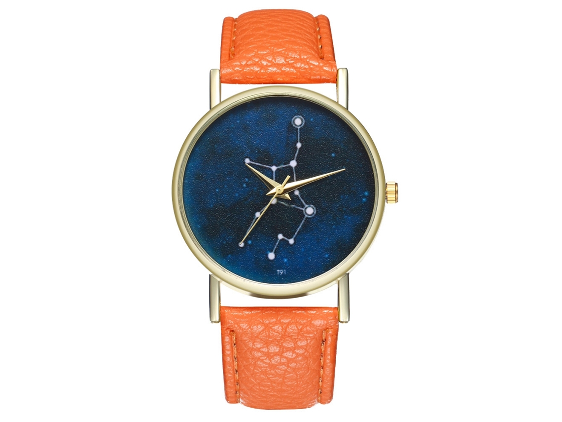 Relógio de quartzo com pulseira de couro PU, estilo moderno, mostrador redondo, laranja céu estrelado