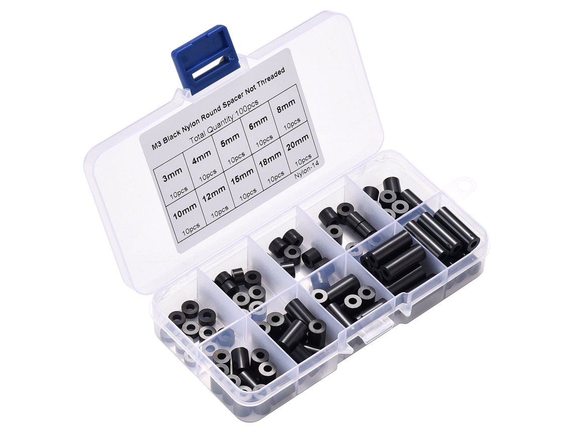 Kit com 100 Espaçadores Redondos em Nylon Abs Preto M3 para Parafusos, Sem Rosca. MDUG