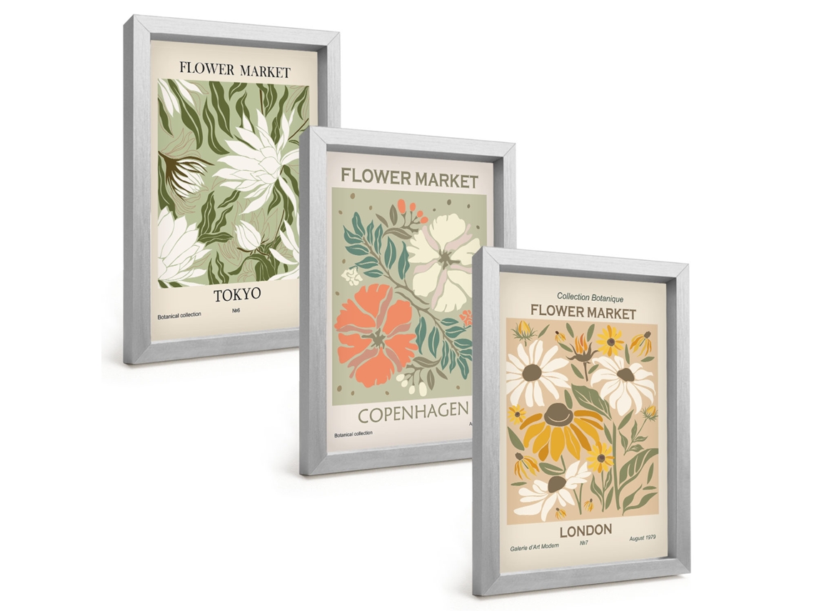 Composição De Quadrosmotivos Florais De Cidades Ao Redor Do Mundo Moldura Prateada Imagens Para Um Quarto Infantil Espelharte (3 Peças 20x30 Cm)