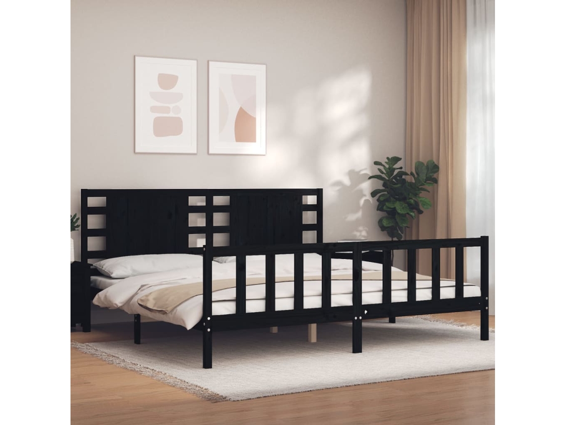 Vidaxl Estrutura De Cama Com Cabeceira 200x200 Cm Madeira Maciça Preto
