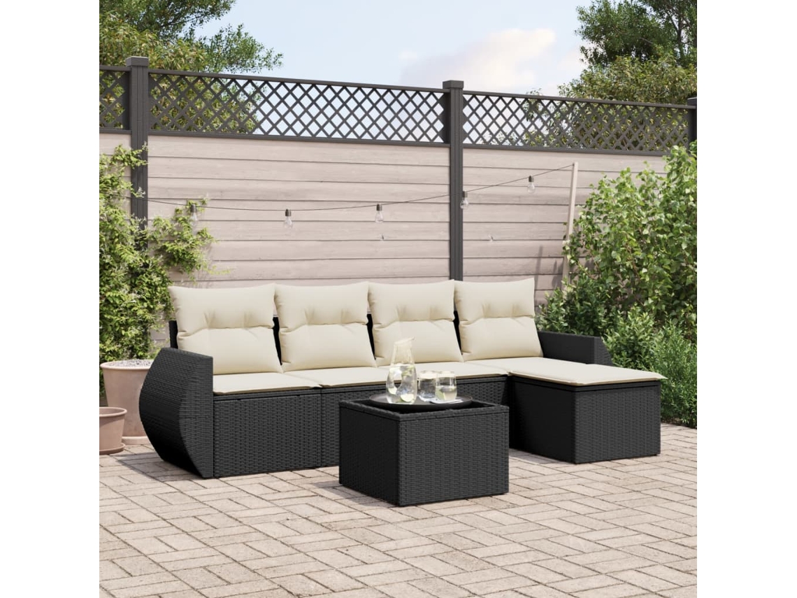 6 Pcs Conjunto Sofás De Jardim C/ Almofadões Vime Pe Preto Dkd Home Decor