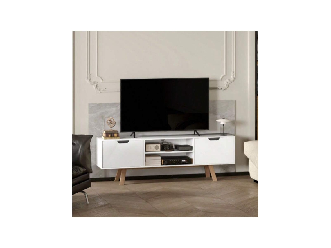 Móvel Tv Branco 150x39x50cm Com 2 Armários E 2 Prateleiras, Ideal Para Tv Até 65, Estilo Moderno E Funcional Para Sala De Estar Hvorstur