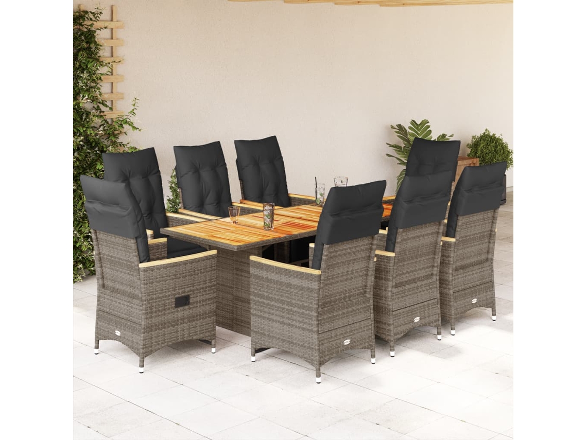 Vidaxl 9 Pcs Conjunto Bistrô De Jardim C/ Almofadões Vime Pe Cinzento