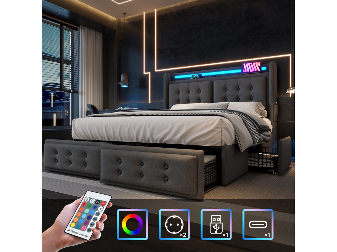Cama Casal 160x200 Cinza Cabeceira Led Usb C 4 Gavetas