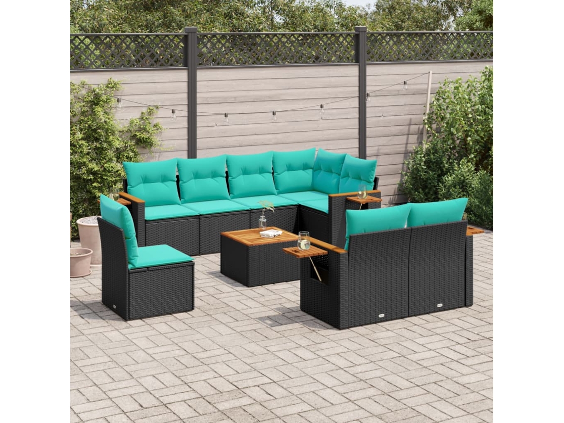 Vidaxl 9 Pcs Conjunto De Sofás P/ Jardim C/ Almofadões Vime Pe Preto