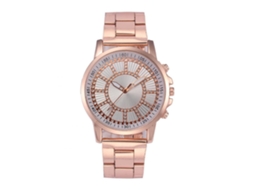 Relógio de pulso unissex casual em aço inoxidável na cor ouro rosa com mecanismo de quartzo e detalhes em strass.