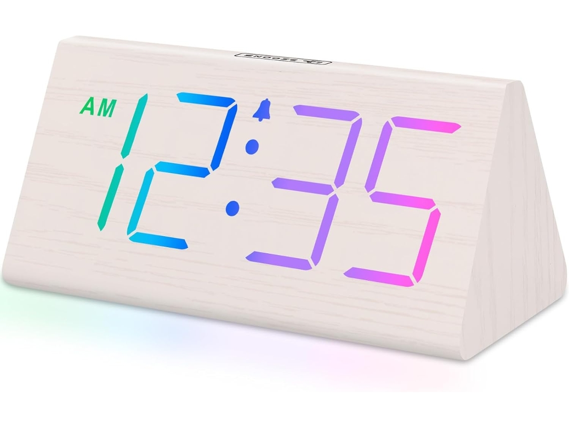 Lurelia Despertador De Madeira Com Bateria Recarregável, Acabamento Em Madeira, Alimentação Usb, Brilho Ajustável, Função Snooze, Branco Rgb
