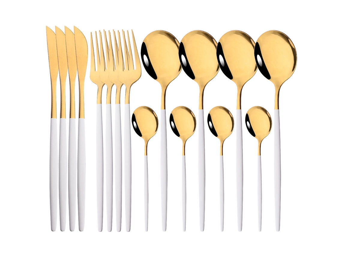 Conjunto de Talheres de 16 Peças, Talheres em Aço Inoxidável com Acabamento Espelhado, Garfo, Colher e Faca. MDUG (platina)