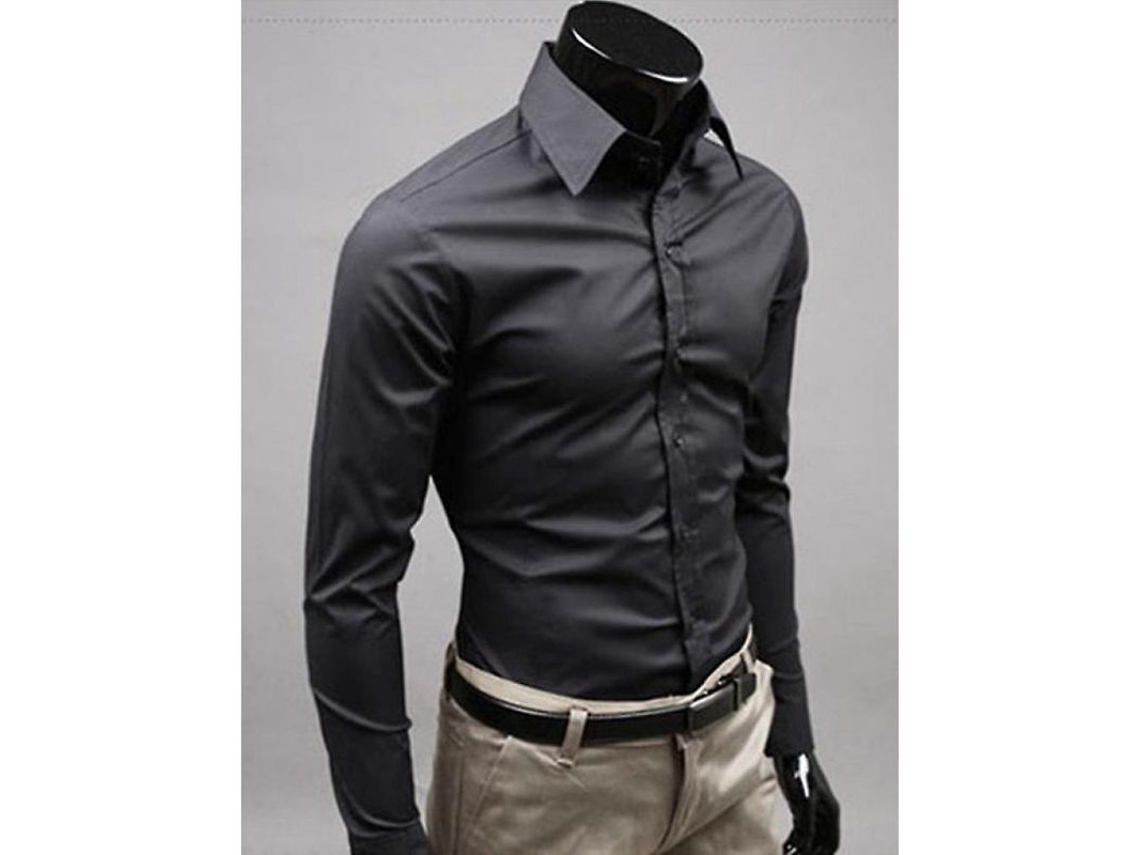 2026 camisas de Lujo para Hombre Manga Larga Slim Fit Casual Formal Cuello Redondo Primavera Otoño M Negro