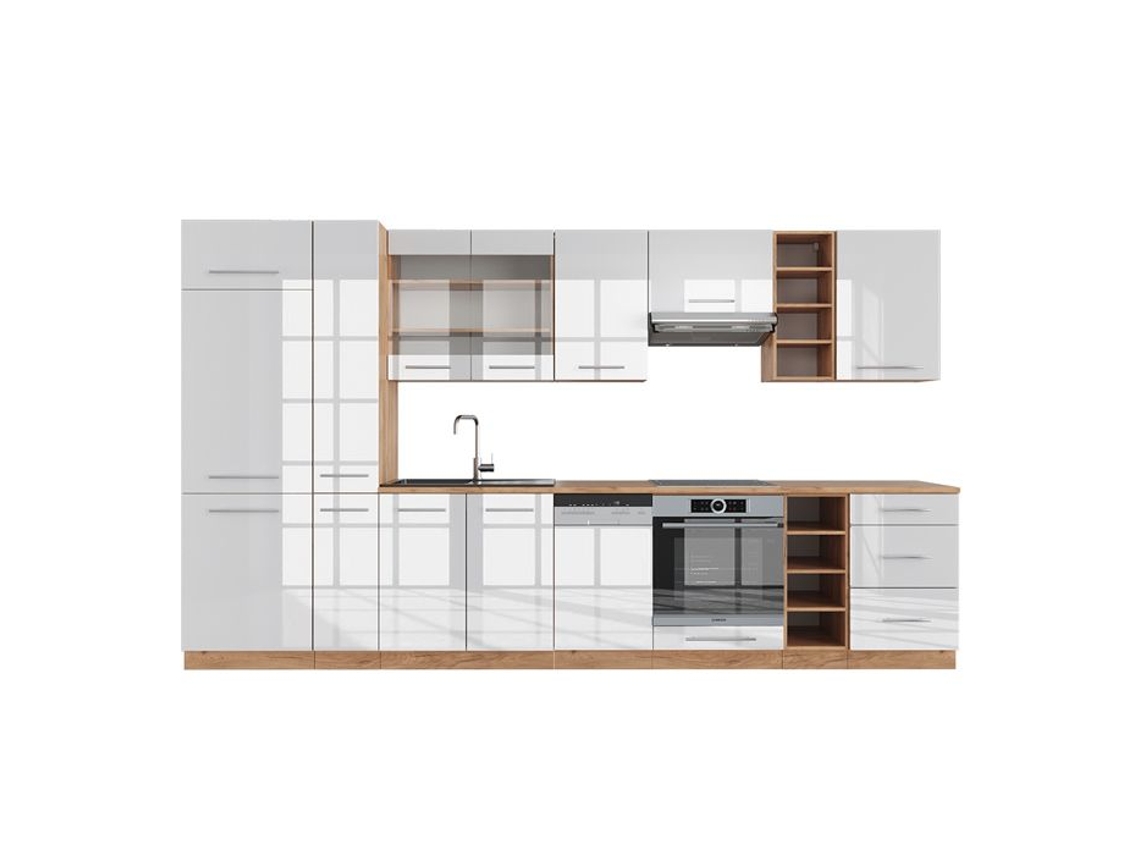Cozinha Fame-Line, 355 cm, Carvalho PT, Branco brilhante/Carvalho dourado VICCO