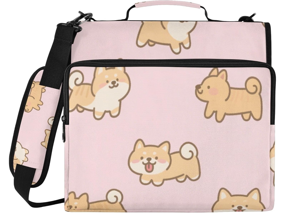 Pasta Escolar Com Zíper E 3 Argolas, Estampa De Shiba Inu Cachorro Desenho Animado, Rosa, Inclui Bolso Com Zíper, Bolsa