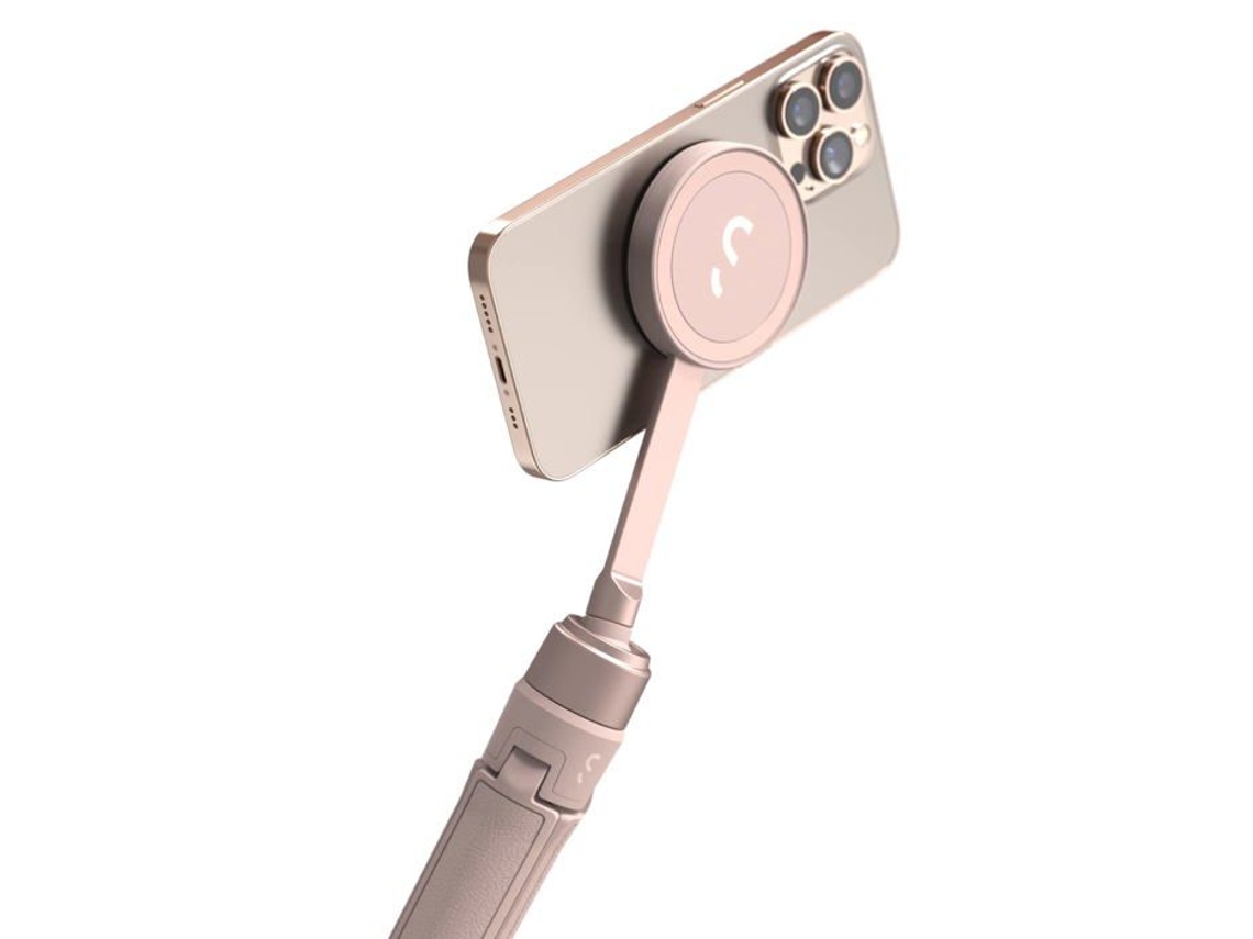 Bastão de selfie Snappod e tripé com suporte magnético que se encaixa em qualquer celular. Design ajustável. Shiftcam (rosa claro).