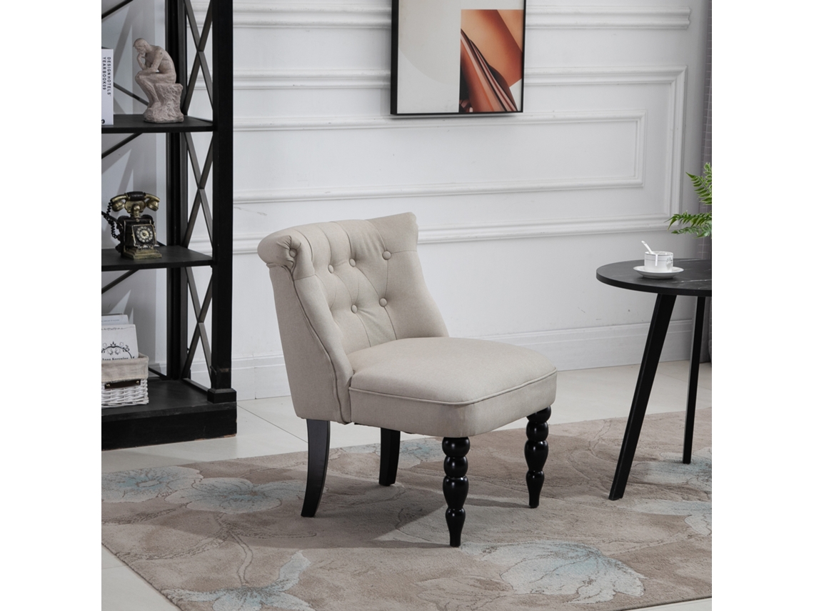 Poltrona Vintage Para Descanso Em Linho Com Estrutura De Madeira, 67x67x78 Cm, Bege E Preta, Perfeita Para Sala De Jantar E Sala De Estar Quenty