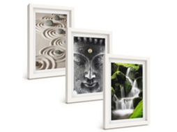 Composição De Quadros Paz, Pedras, Cachoeira, Buda, Zen Moldura Branca Quadros Para A Sala De Estar Espelharte (3 Peças 20x30 Cm)