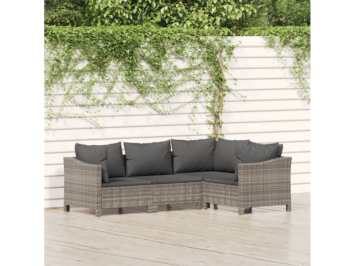 Vidaxl 4 Pcs Conjunto Lounge De Jardim C/ Almofadões Vime Pe Cinzento