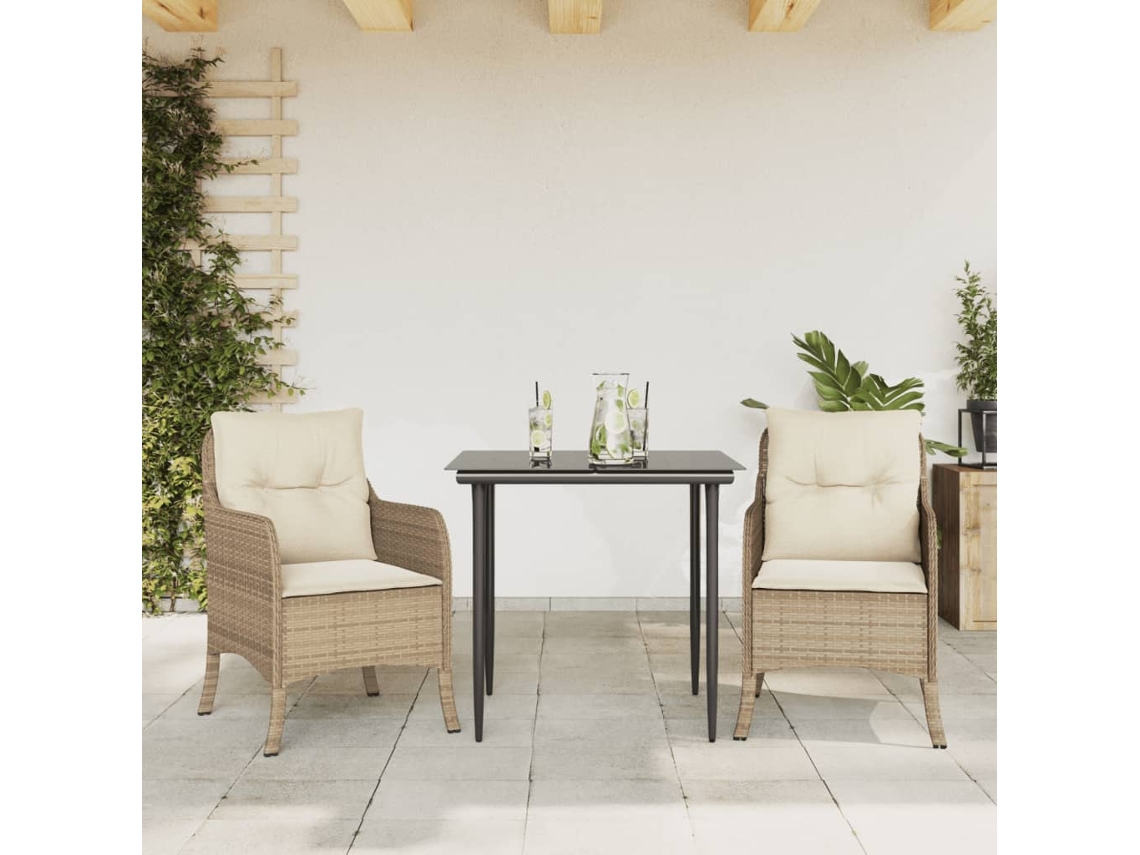 Vidaxl 3 Pcs Conjunto De Jantar P/ Jardim Com Almofadões Vime Pe Bege