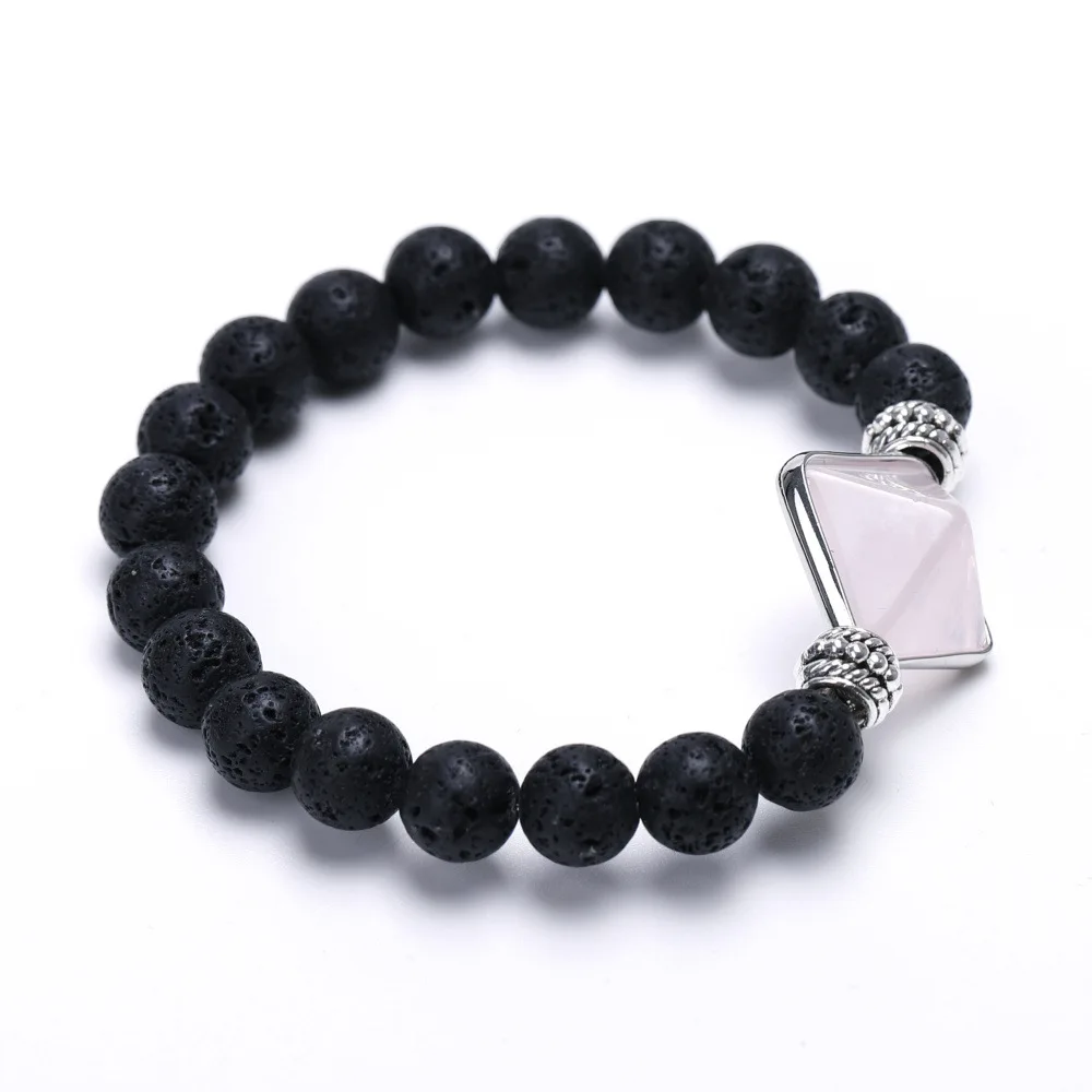 Pulseira de Casal com Contas de Quartzo Vulcânico Natural , Bracelete Espiritual de Obsidiana para Cura. MDUG (cristal Rosa)