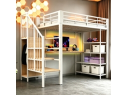Cama Alta 90x200 Cm Secretária Comprida, Painel Perfurado, Tomadas Europeias, Luz Led, Várias Prateleiras, Grade Alta Branco NOVELA