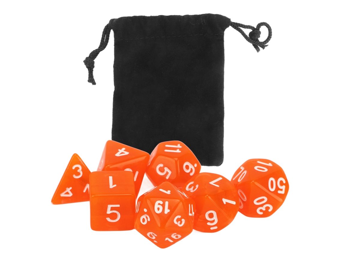 CONJUNTO de 7 Dados Poliédricos de Acrílico Laranja Transparente para Jogos de Tabuleiro | S/MARCA