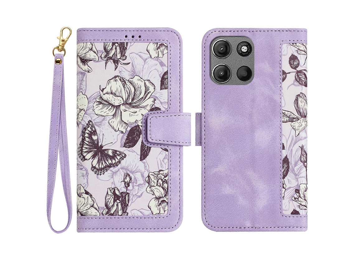 Capa De Couro Sintético Floral Com Compartimentos Para Cartões Para Motorola Moto G15 4g, Roxo Claro