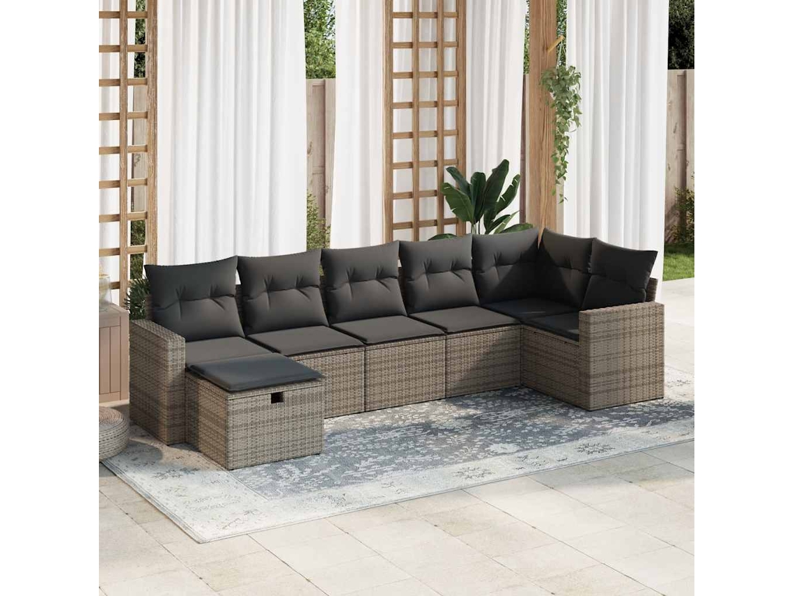 Vidaxl 7 Pcs Conjunto Sofás P/ Jardim C/ Almofadões Vime Pe Cinzento