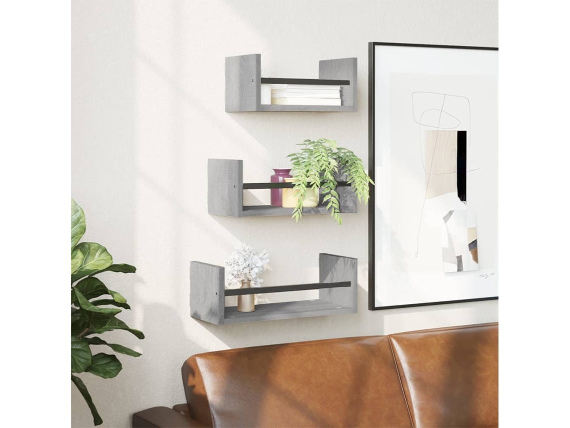 Vidaxl 3pcs Prateleiras Parede C/ Barras Deriv. Madeira Cinza Sonoma