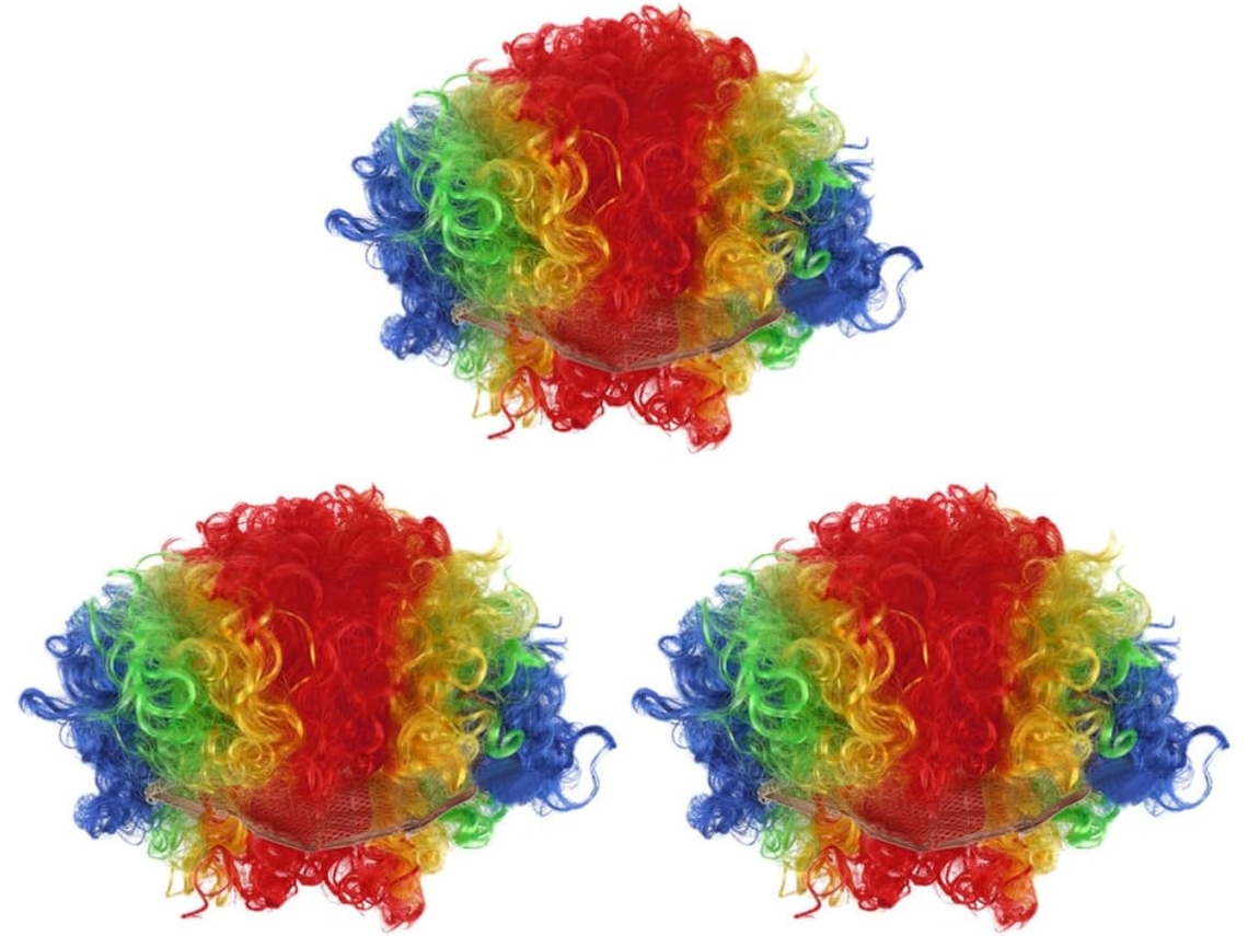 Conjunto de 3 Afro Perucas grandes e curvas feitas de Palhaço em Plástico Elástico.
