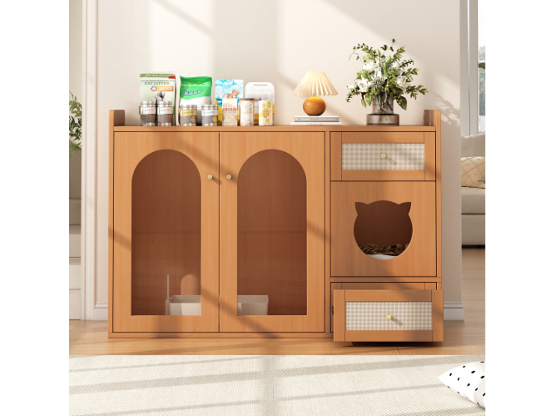 Prateleira para Gatos com Armário para Caixa de Areia e Comedouros, Móvel Lateral Ideal para Animais de Estimação, 120x83cm, Nogueira AQUAFORGE