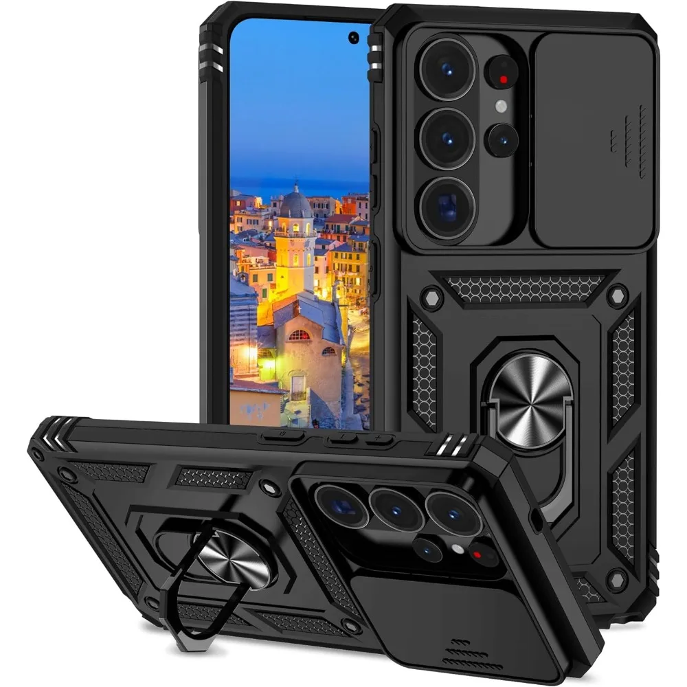 (preto, Galaxy S22 Ultra 5g) Capa Para Celular Com Suporte De Anel, Proteção Deslizante E Resistente A Impactos Para A Lente Da Câmera.