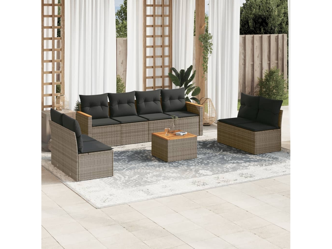 Vidaxl 9 Pcs Conjunto Sofás P/ Jardim Com Almofadões Vime Pe Cinzento