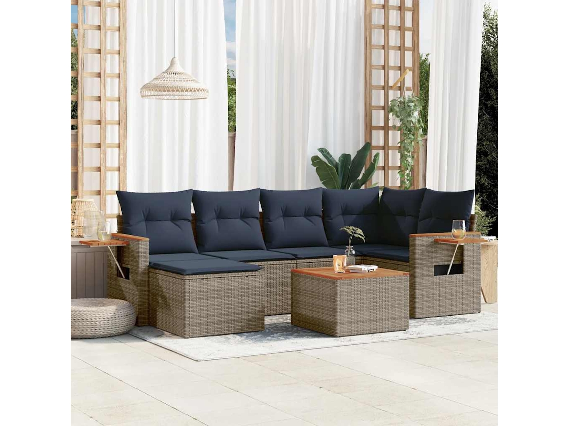 Vidaxl 7 Pcs Conjunto Sofás P/ Jardim C/ Almofadões Vime Pe Cinzento