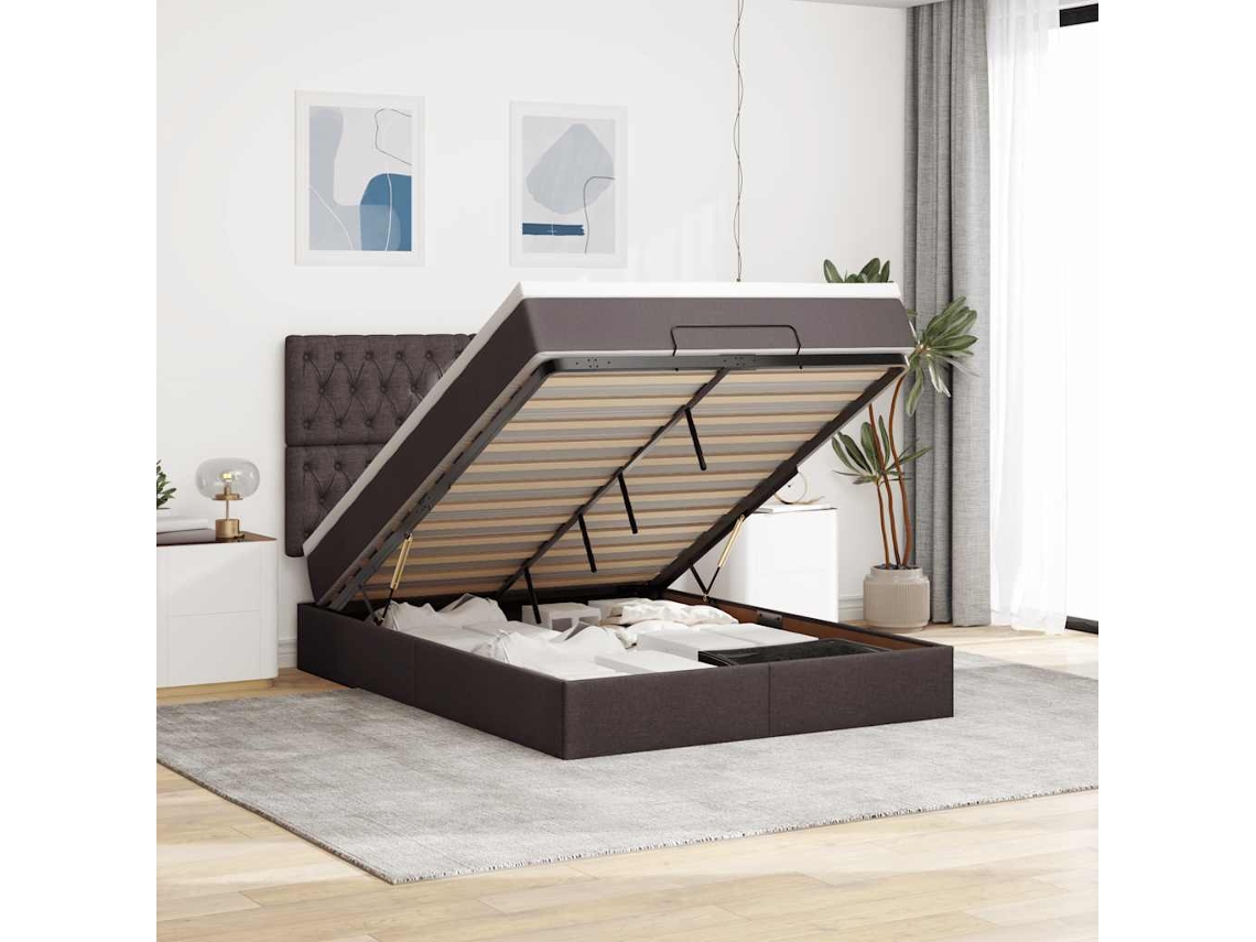 Estrutura Cama Otomana Colchão 140x200cm Tecido Castanho Escuro
