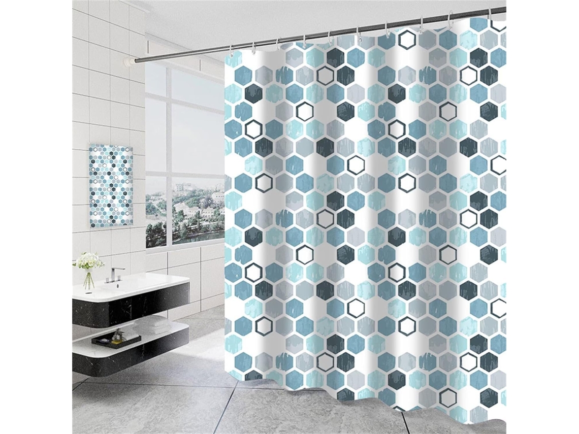 Cortina De Chuveiro Azul 180x180,padrão Geométrico Antimofo,tecido De Poliéster 3d Impermeável,cortinas Com Ganchos.
