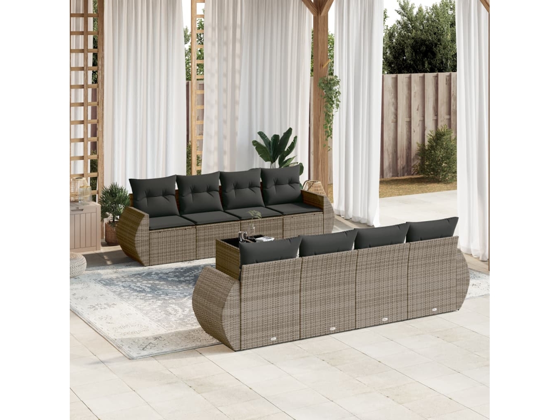 Jogo 9 Peças Sofás P/ Jardin Com Almofadões Vime Pe Cinza Dkd Home Decor