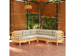 Vidaxl 5 Pcs Conjunto Lounge Jardim C/ Almofadões Creme Pinho Maciço