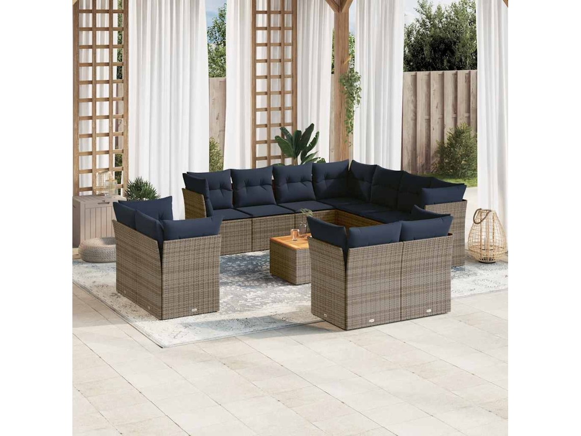 Vidaxl 12 Pcs Conjunto Sofás P/ Jardim C/ Almofadões Vime Pe Cinzento