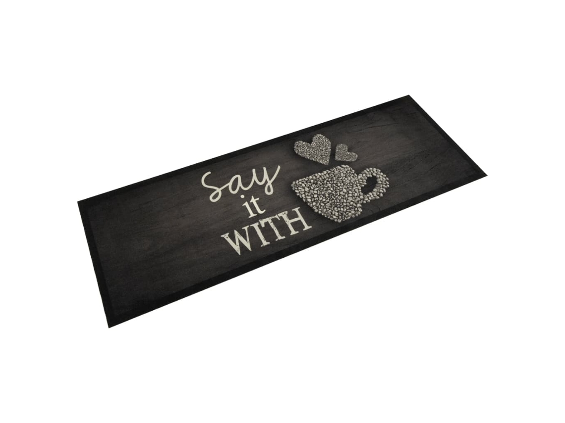 Vidaxl Tapete De Cozinha Lavável 60x180 Cm Veludo Padrão Chávena Preto