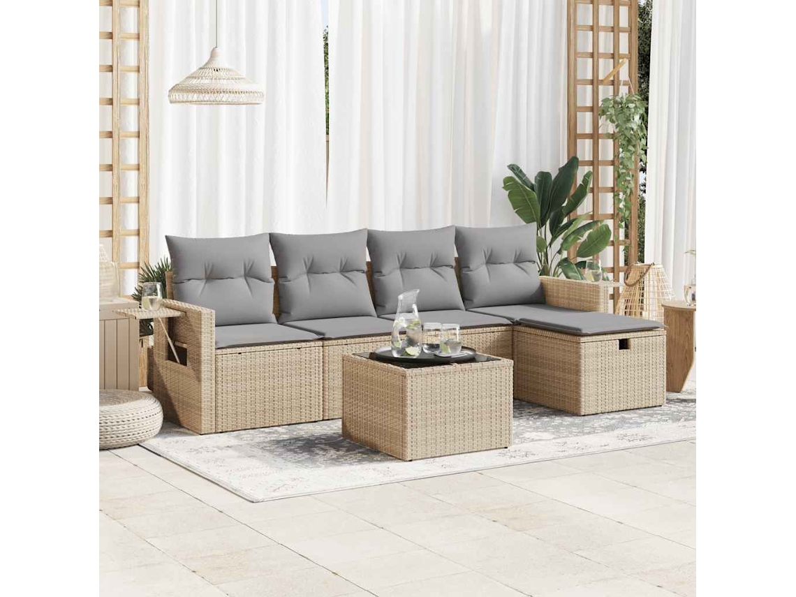 Vidaxl 6 Pcs Conjunto De Sofás P/ Jardim Com Almofadões Vime Pe Bege