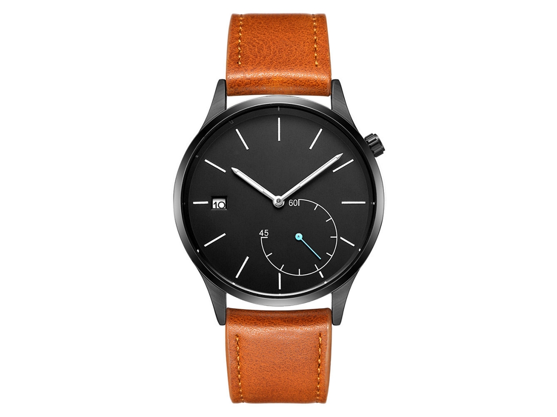 Relógio de pulso masculino redondo de quartzo com pulseira de couro PU, estilo moderno, marrom e preto.