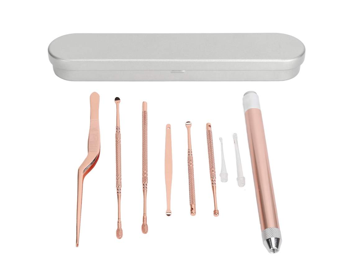 Conjunto De Cera Auricular Com Luz - Removedor De Cera Do Ouvido Ouro Rosa Para Casa E Viagem