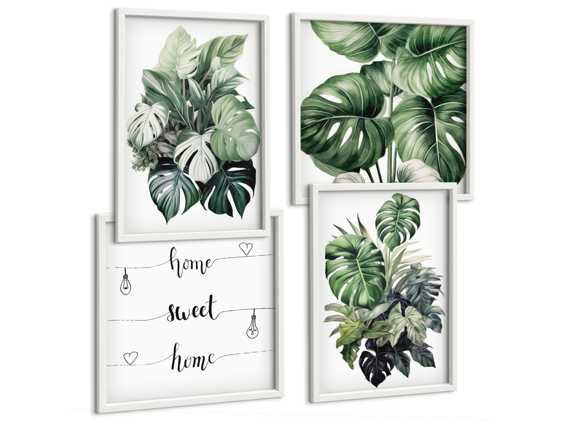 Galeria De Pinturas Murais Folhas Verdes, Trópicos, Aquarela Moldura Branca Quadros Para O Escritório Espelharte (conjunto De 4 Imagens)